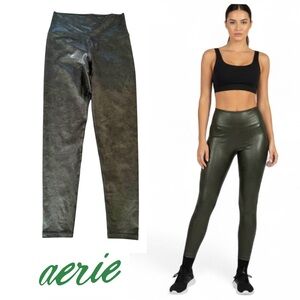 Aerie Hi-Rise Hugger Crackle Leather-Look Olive Green Leggings Size Large LONG